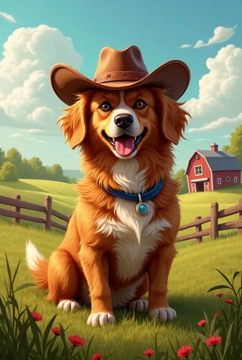 My dog wearing a cowboy hat on a farm