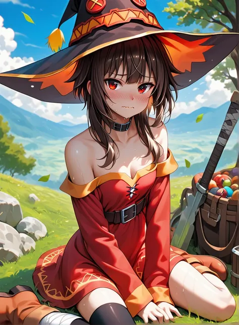 megumin, rock, kono subarashii sekai ni shukufuku wo!, 1girl, red eyes, blush, breasts, bare shoulders, collarbone, brown hair, off shoulder, small breasts, short hair, wavy mouth, sidelocks, on ground, cleavage, collar, hat, witch hat, dress, boots, belt,...