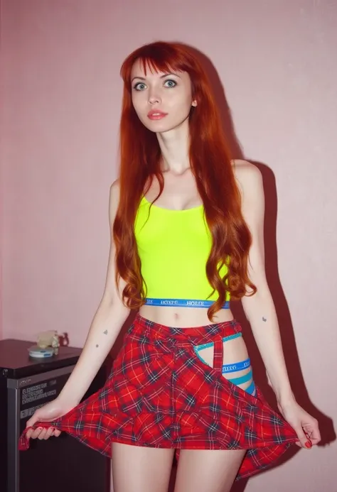 A young woman in her early twenties with long, auburn hair stands indoors, casually holding the hem of a red plaid skirt, pulling it outward with both hands. She wears a neon yellow tank top, contrasting against her pale skin and the vibrant colors of her ...