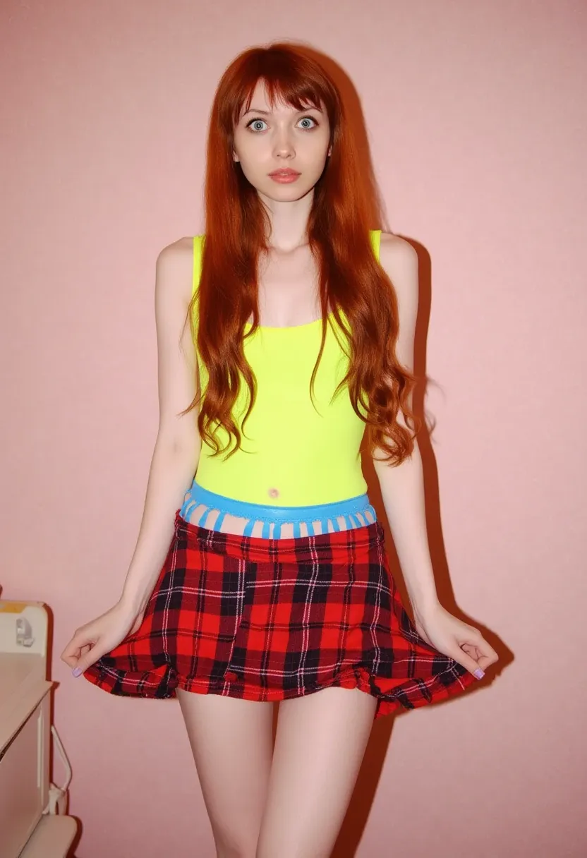 A young woman in her early twenties with long, auburn hair stands indoors, casually holding the hem of a red plaid skirt, pulling it outward with both hands. She wears a neon yellow tank top, contrasting against her pale skin and the vibrant colors of her ...