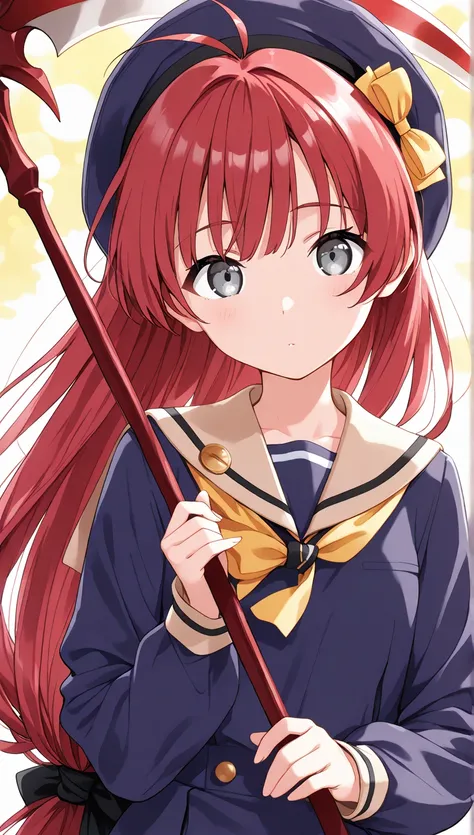  Watanabe Mingfu,  portrait, throw,  bokeh processing:1.3、big scythe, holding scythe、、mainami _yuuki, grey eyes, red hair, long hair, very long hair, low-tied long hair, single tied hair, antenna hair, hat, school uniform, beige sailor collar, blue dress, ...