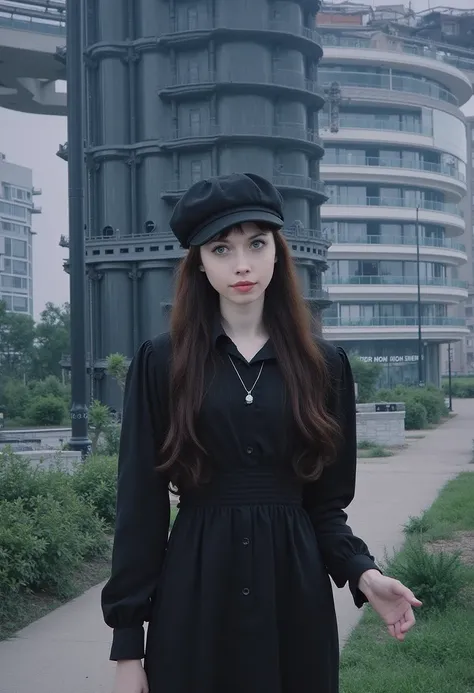 (best_quality, masterpiece:1.2), (highly detailed), (4k, 8k, uhd, high_resolution, highres), girl, jacket, newsboy cap, long hair, looking at viewer, (**yo, cute:1.6), (breasts:1.2), ruched shirt, subtle necklace, dark stylish, striking alluring, black dre...