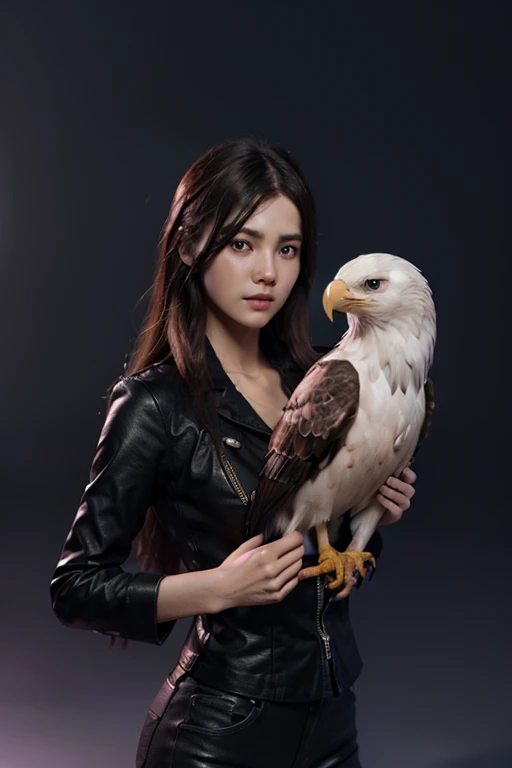 Digital manhwa 3d of (songmin) with a beautifull , holding an eagle with an epic purple background.