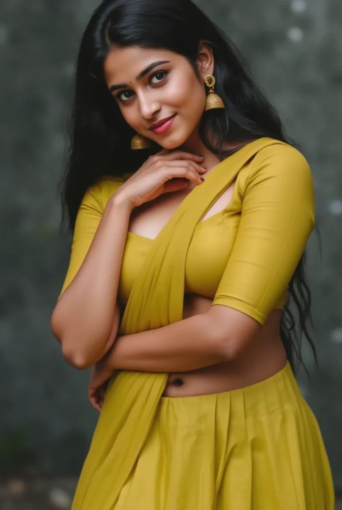 Dark skinned dusky petite built Tamil young small girl in yellow traditional short saree and yellow hot blouse flaunting her curves