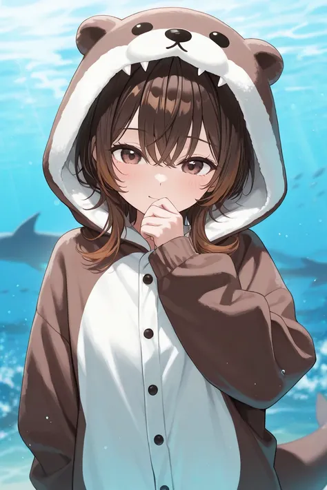 Woman with dark brown hair and eyes wearing an over sided brown sea otter onesie