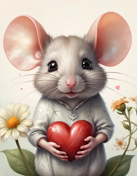 a close up of a mouse with a heart on a flower, a drawing by Alison Kinnaird, shutterstock contest winner, pop surrealism, cute detailed artwork, beautiful mouse - girl, mouse, & even a little mouse, anthropomorphic mouse, cute detailed digital art, lovely...