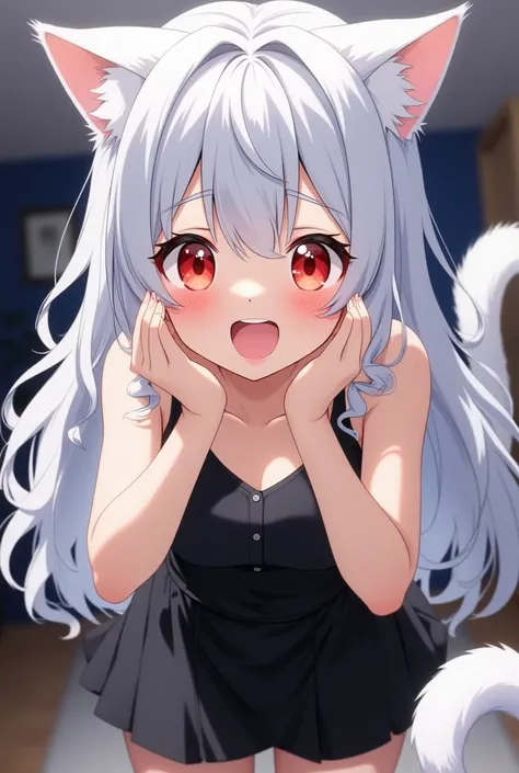 Girl with silver hair and cat ears, The girl with the white cat's tail, black mini skirt dress, ((((( living room at home))))), I'm surprised and overjoyed, (((face shot))),  (((close up))), Put your hands on your mouth, lean forward, and rejoice,  Ceiling...