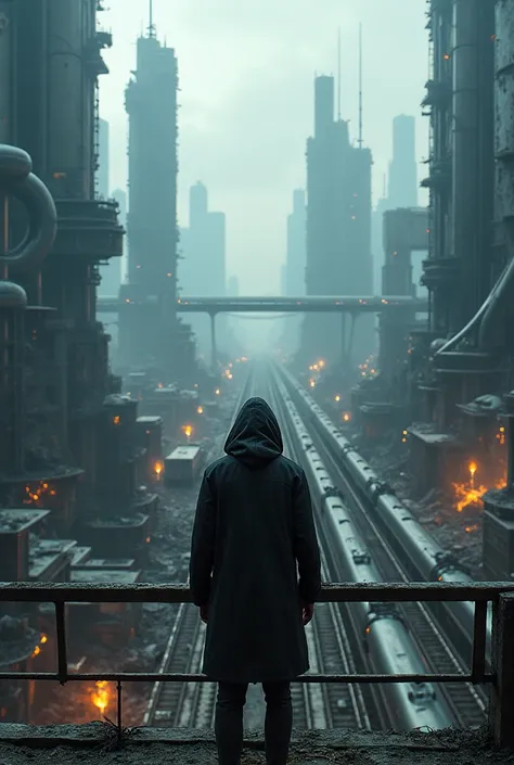  image taken behind the shoulder of one from the back and DRESSED IN A HOOD of a second-floor porch of a dilapidated futuristic building,  She is looking at an aerial view of an ultra-futuristic North American megalopolis , dystopian,  dilapidated curved b...