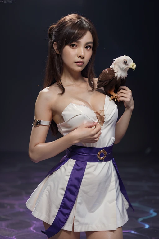 Digital anime 3d of (songmin) with a (beautiful and elegant), holding an eagle with an epic purple background.