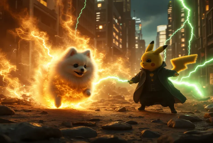A battle scene featuring a white Pomeranian engulfed in fire burning, charging forward with fiery energy, against Pikachu dressed as Voldemort. Pikachu is wearing a dark cloak and wielding a wand, casting a green lightning. The battlefield is set in the ru...
