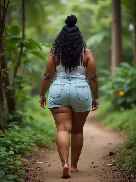 Caribbean woman,  with voluptuous body, In pale blue denim shorts, long curly hair tied in a bun high on the top of the head,  big bust, sin Camisa blanca, large and elongated buttocks,  thick legs dress, without shoes,  backwards,  big eyes , small, round...