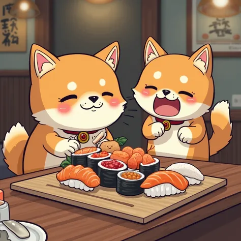 Cat sushi restaurant。Red brown and white cats and kittens are holding a lot of sushi。Sushi is in the shape of a cat、Customers are Shiba Inus。 fun atmosphere。 cat shaped object。The clerk is also a kitten。