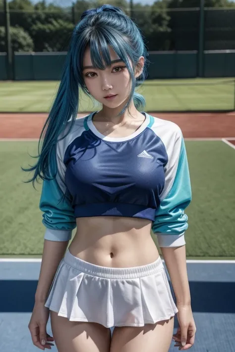 Blue-haired Asian woman wearing tennis clothes and showing her panties