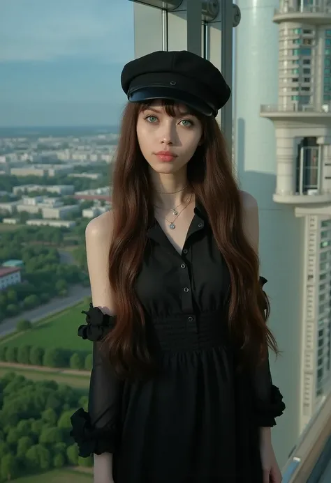 (best_quality, masterpiece:1.2), (highly detailed), (4k, 8k, uhd, high_resolution, highres), girl, jacket, newsboy cap, long hair, looking at viewer, (**yo, cute:1.6), (breasts:1.2), ruched shirt, subtle necklace, dark stylish, striking alluring, black dre...