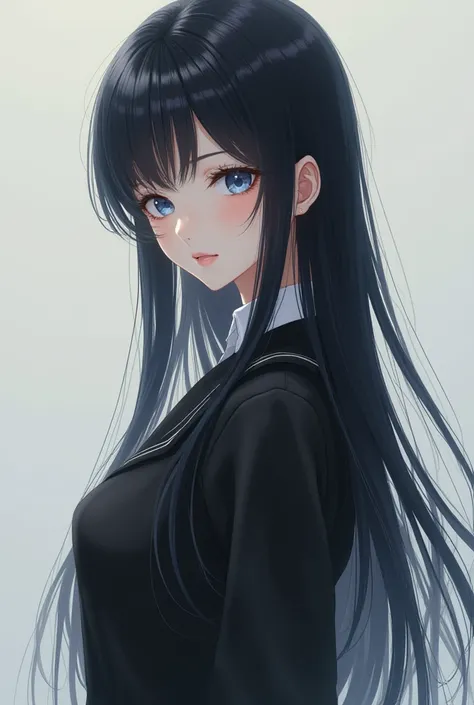 Create an image of an anime girl with long black hair, bangs, and blue eyes. White skin, proportionate figure, calm face, elegant, looks mysterious, wearing a black school uniform with a white collar.