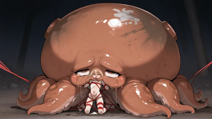 A giant fat furry octopus man entangled in a girl's whole body、Dirty Giant and Fat Furry ride、 abnormally bulging hips、Girl salivating and crying、Slim Girl 、