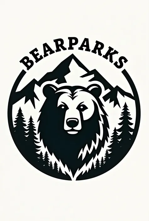 A bear head logo stencil with trees and mountains incorporated in it in a circle shape with BEARPARKS around the top edge. 