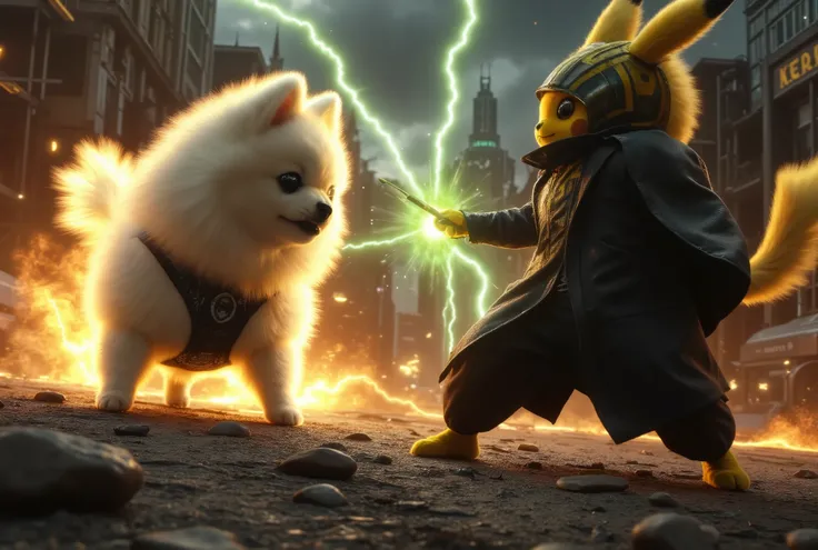 A battle scene featuring a white Pomeranian engulfed in fire burning, charging forward with fiery energy, against Pikachu dressed as Voldemort. Pikachu is wearing a dark cloak and wielding a wand, casting a green lightning. The battlefield is set in the ru...