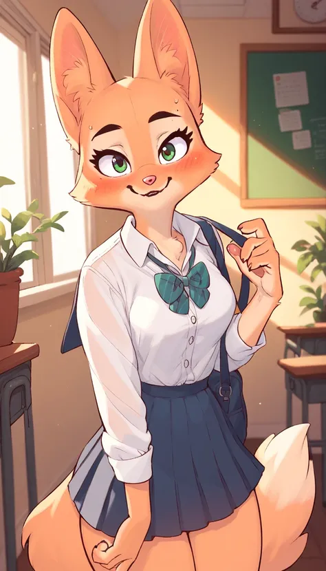 Diane Foxington, , , ginger fur, emerald eyes, school uniform, blush, looks at viewer, smiles, indoors, alone, by diives