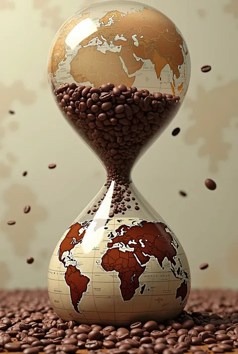 A picture of a sand clock consisting of Yemeni coffee beans. The first episode has a map of Yemen and coffee beans fall from it to the second episode in which the map of the world is 
