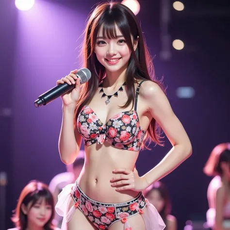  最 high quality, 32K uhd,  messed up details,  Complex Details,  hyperdetail,  high quality,  high detail,  super detailed,  Masterpiece,
  Japanese idol singing and dancing on stage with a microphone in her hand, cute floral idol costume, Flashy idol cost...