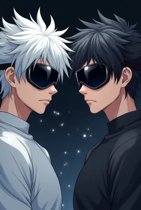  Two young men styled in the anime style , dueling each other .  One has white hair , goosebumps and slightly messy,  covering part of the forehead ,  while the other has the same hair ,  but in the color black .  Both wear shiny black ski goggles , hiding...