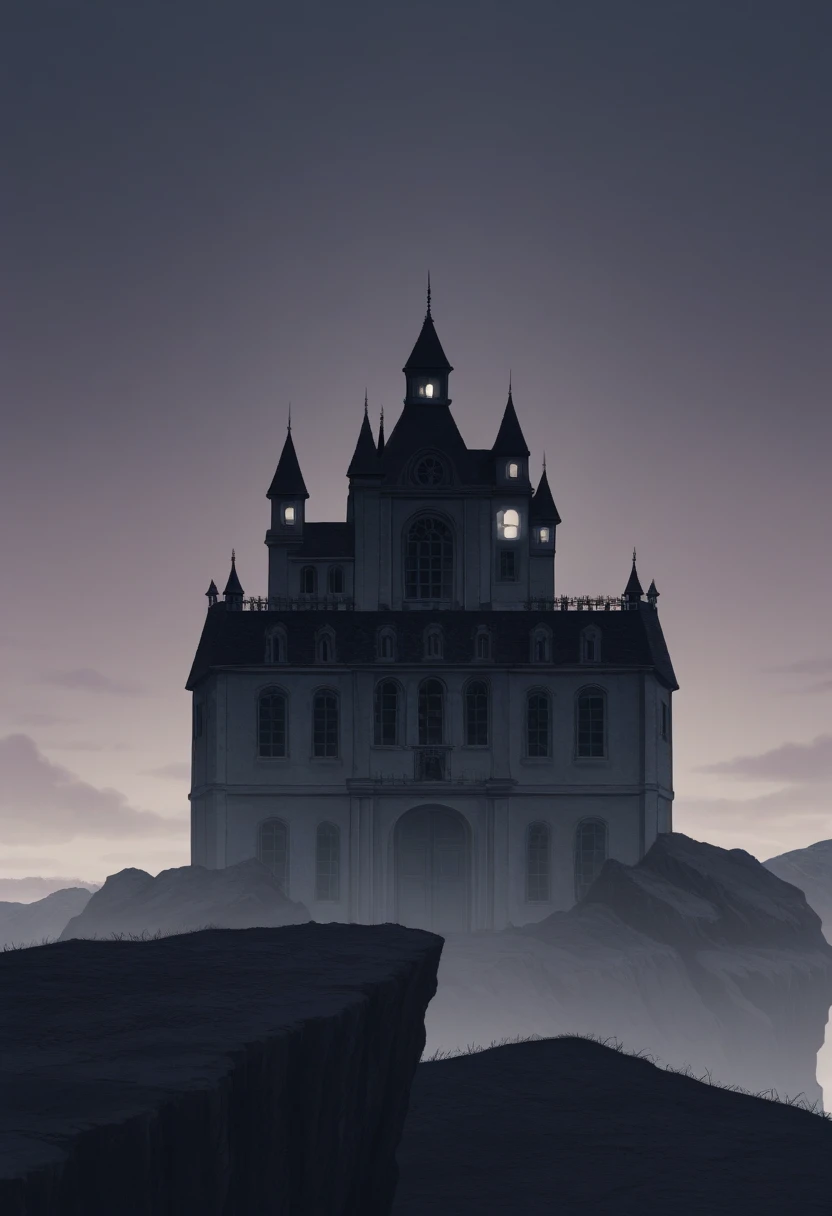  Generate an image of a haunted mansion located on a cliff ,  with a stormy sky in the background .  The old, desolate structure has screeching doors and windows that emit a ghostly glow. Add smoke and fog to intensify the terror in the scene 