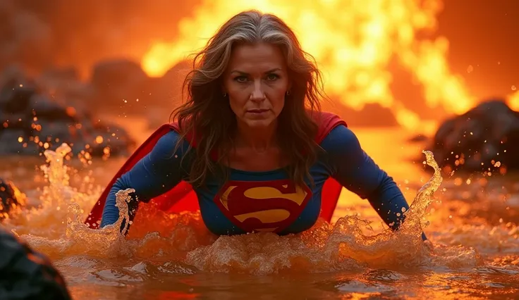 Plunging Into the Larva Inside an Erupting Volcano ;  beautiful and strong powerful Elderly woman dressed as Supergirl; 1984s Supergirl movie costume,  with a serious look at the larvae ,  straight and long brown and gray hair , plunging into the volcanic ...