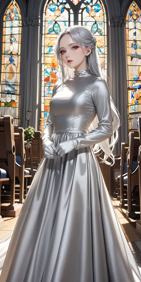 masterpiece,Highest quality,Ultra-high resolution),Japanese women with silver hair, (((Very beautiful 25 year old girl)))、(She is wearing a shiny light silver satin long sleeve outfit..)、The dress has a simple design without any patterns...、(((A long skirt...