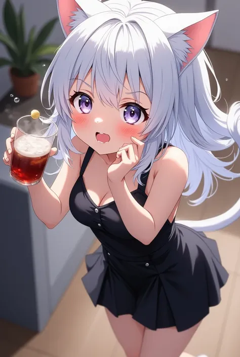 Girl with silver hair and cat ears, The girl with the white cat's tail, black mini skirt dress, ((((((((((( ahegao))))))))))), ((((( living room at home))))), I'm surprised and overjoyed, (((face shot))),  (((close up))), Put your hands on your mouth, lean...