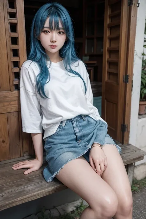 Blue-haired Asian without a skirt