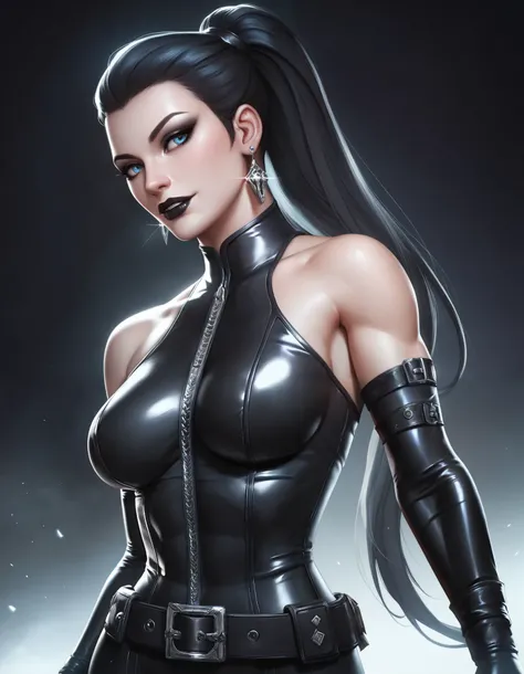 female black sleveless latex bodysuit with belt, black belt, racerback, bare shoulders, long gloves, toned arms, beautiful faces, black ponytail with showing forehead, long ponytail, earrings, soft smooth skin, pale skin, black background, blue eyes, sci-f...