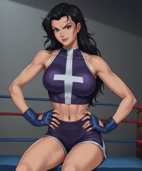 safe_pos, PonyXLV6_Scores BREAK (((retro artstyle, parody, animification)), perfect anatomy, cowboy shot) helena bertinelli, long hair, black hair, black eyes,  ((looking at viewer)),  dark purple boxing gloves, dark purple boxing shorts, superhero, curvy,...