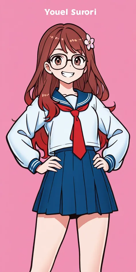 a girl with long hair, glasses, and red hair is shown below, 1girl, hair ornament, english text, hair flower, smile, grin, flower, teeth, glasses, brown hair, character name, blue skirt, long hair, jewelry, long sleeves, school outfit , red tie, blue sailo...