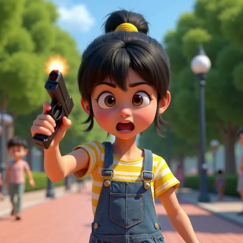 "A highly detailed 3D-rendered animated character of a young girl with large, intense brown eyes, wearing a yellow and white striped T-shirt and blue denim overalls. She has black hair tied up in a short ponytail with a yellow hairband. She has an angry an...