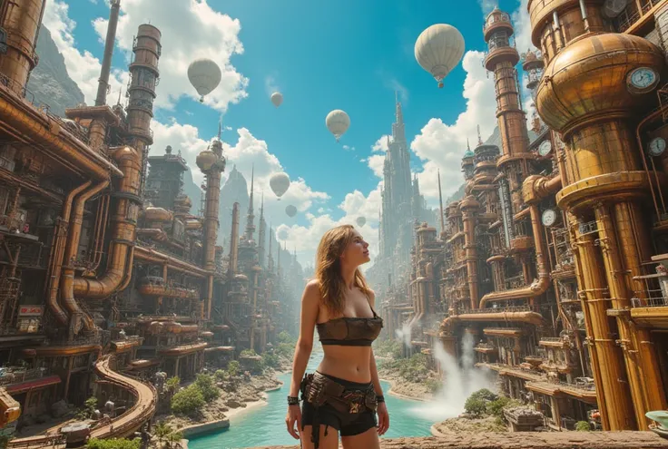  image of a beautiful girl wearing Madmax style leather clothing in a deep and complex corridor looking from the bottom up inside a complex steampunk city ,  an immense village in the color of gold and polished copper , shiny and reflective,  steampunk sty...