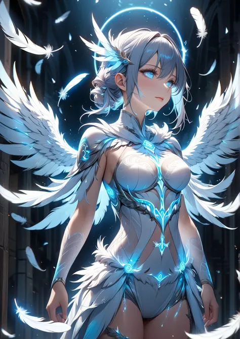 masterpiece,highest quality,ultra-detailed,high-definition background,8k,hi-res,high quality,break,A woman with wings engraved with glowing runes all over her body ,    an accurate and ultra-fine luminescent emblem 、 (feathers:1.3)、