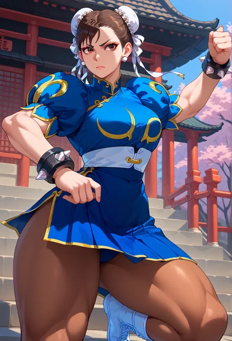 Chun-Li,beautiful young woman in a classic blue uniform,  thick thighs , beautiful sexy thighs,a little muscular, hair tied up,  black tights ,Chinese city in the afternoon, Alone.Alone, blue clothes, blue skirt, serious look, beautiful eyes, beautiful fac...