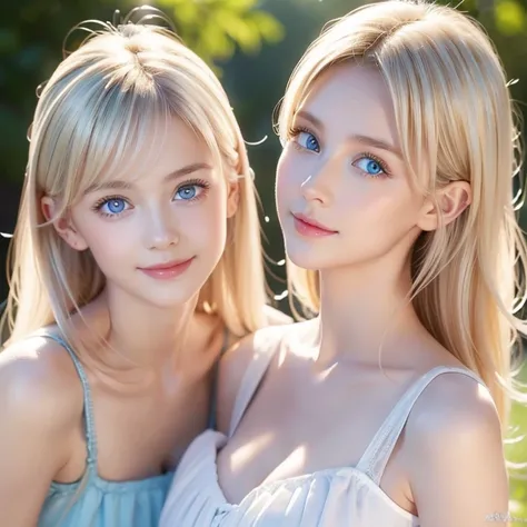  focus on face , Crazy for love,   , Frilled Summer Dress,  Scandinavian blonde super beautiful girl,  cleavage , Standing,  arms behind head ,    bangs between eyes 、Super long straight platinum blonde hair、 low contrast , ( have smiling faces:0.8),  top ...