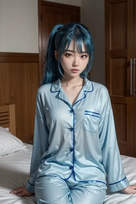 Blue-haired Asian girl in pajamas and without underwear