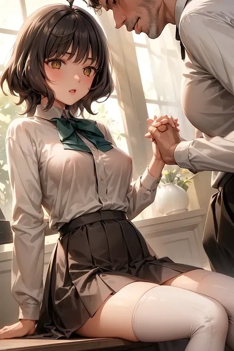  one girl and one middle-aged man　 height difference couple　Reception room　white man in military uniform　 Female Elementary School Student　 　 short　 file　 small tits　 slender　 very dark brown hair　 Brown Eyes　 Small Hands　Thin hands　Short Hand　Small feet　 ...