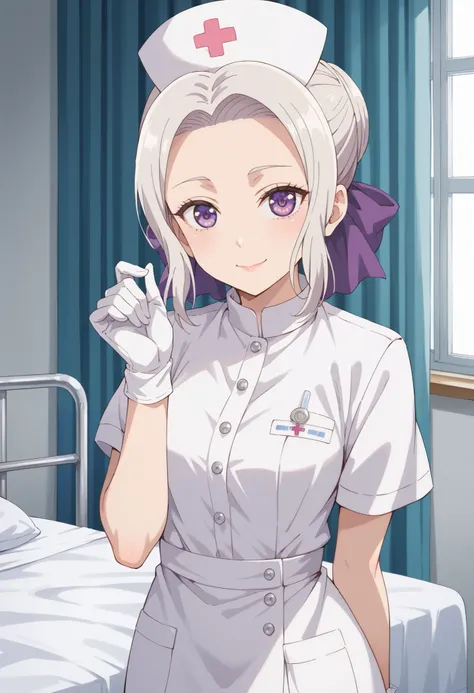 Score_9, score_8_up, score_7_up, source_anime, shino kiryuu, purple eyes, white hair, hair bow, purple ribbon, forehead, (best quality), (high quality), {masterpiece}, extremely delicate and beautiful, ultra-detailed, beautiful detailed eyes, nurse, nurse ...