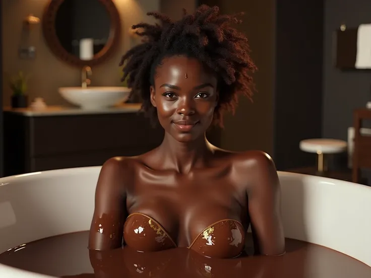 Une mannequin africaine professionnelle, magnifique et élégante, avec un teint de peau riche et chocolaté, est assise dans une baignoire remplie de chocolat fondu et brillant. Elle a des traits réalistes, une peau lisse et éclatante, et des cheveux naturel...