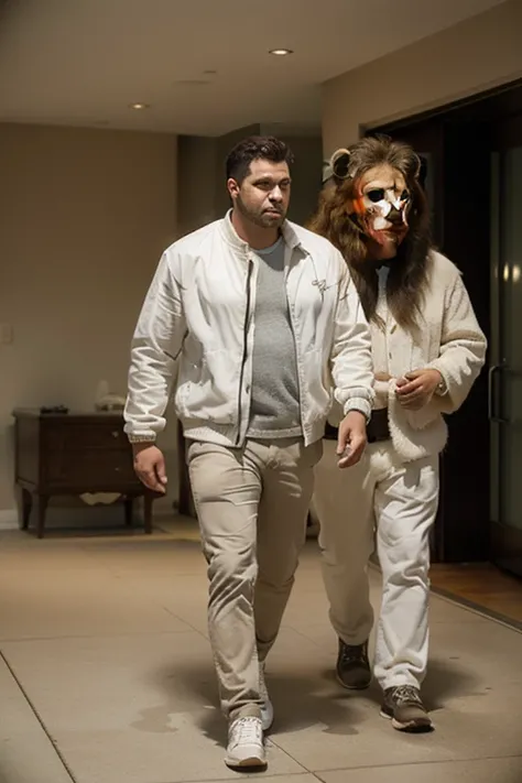 A realistic photograph of a man in a white jacket walking side by side with a super giant lion with thick far