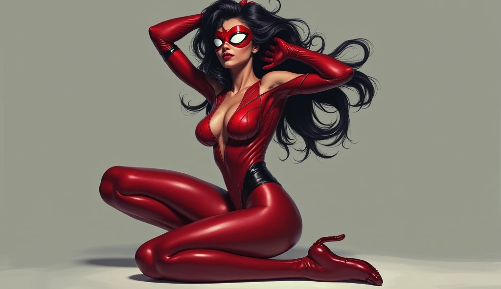 The image features a female superhero in a dynamic and alluring pose. She is dressed in a tight, form-fitting red and gold costume with black outlines, resembling Spider-Woman. Her suit accentuates her toned physique, with the iconic design covering her bo...