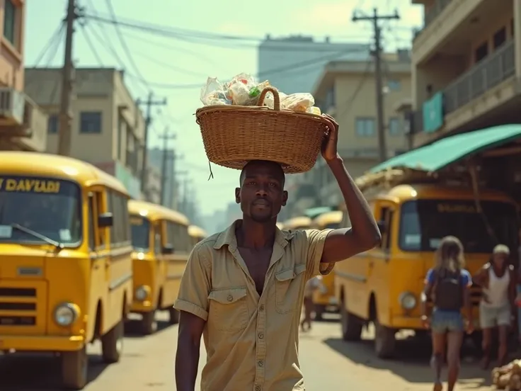 Chigozie (early 20s: Slightly built but stronger, wearing a worn-out shirt and carrying a basket of goods on his head.) , sweating under the sun in a crowded Lagos street with yellow danfo buses, loud market vendors, and towering buildings.  , rushes to se...