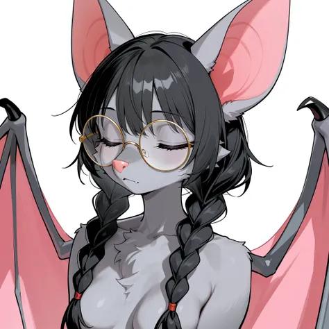 masterpiece, best quality, amazing quality, very aesthetic, high resolution, ultra-detailed, absurdres, newest,       solo, Anthro, an Anthro furry female bat, grey bat girl, grey body, bat wings, pink bat nose, small breasts, long black hair, two long bra...