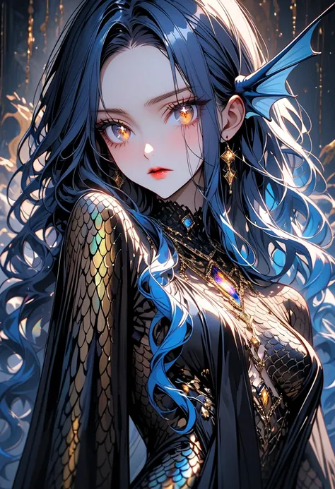  alone, female, close up,  long wavy hair , Shiny hair,  blue hair, silver and gold brooch ,  golden eyes, sparkling eyes, iridescent skin:0.3, slender, athletic,   ultra detailed curvy figure , elegant, Sensual,  silver chain , Flowing dress, silk dress, ...