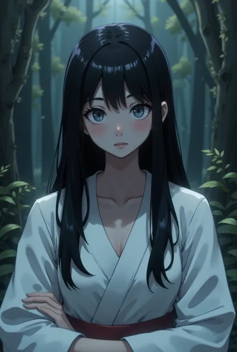 Create an art piece depicting a hauntingly beautiful and eerily unsettling reimagining of Sadako, the iconic character from "The Ring." She should have her traditional long black hair and a flowing white kimono, but reinterpreted to fit a surreal and eroti...