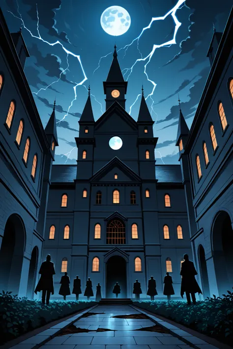 A dark, eerie haunted mansion stands alone in the misty night, surrounded by twisted, leafless trees. The towering Victorian-style mansion has broken windows, rotting wood, and an ominous glow from within. A full moon casts long shadows across the fog-cove...